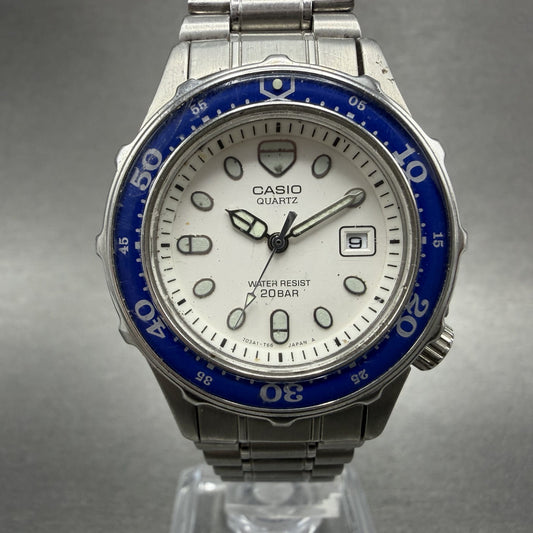 Casio Dive Watch Women 31mm White Dial Steel Blue Bezel LD715 Date PARTS0