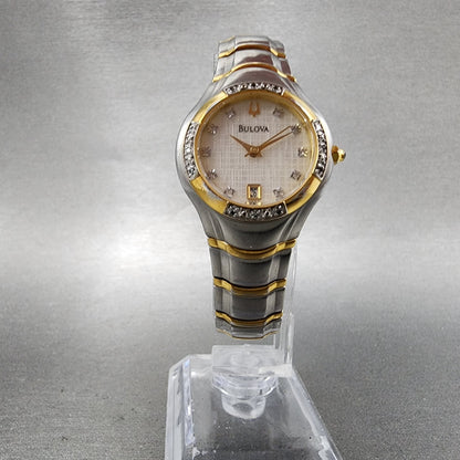 Bulova Watch Women 26mm White Dial Two Tone Date Round Diamond 98R70 New Battery5