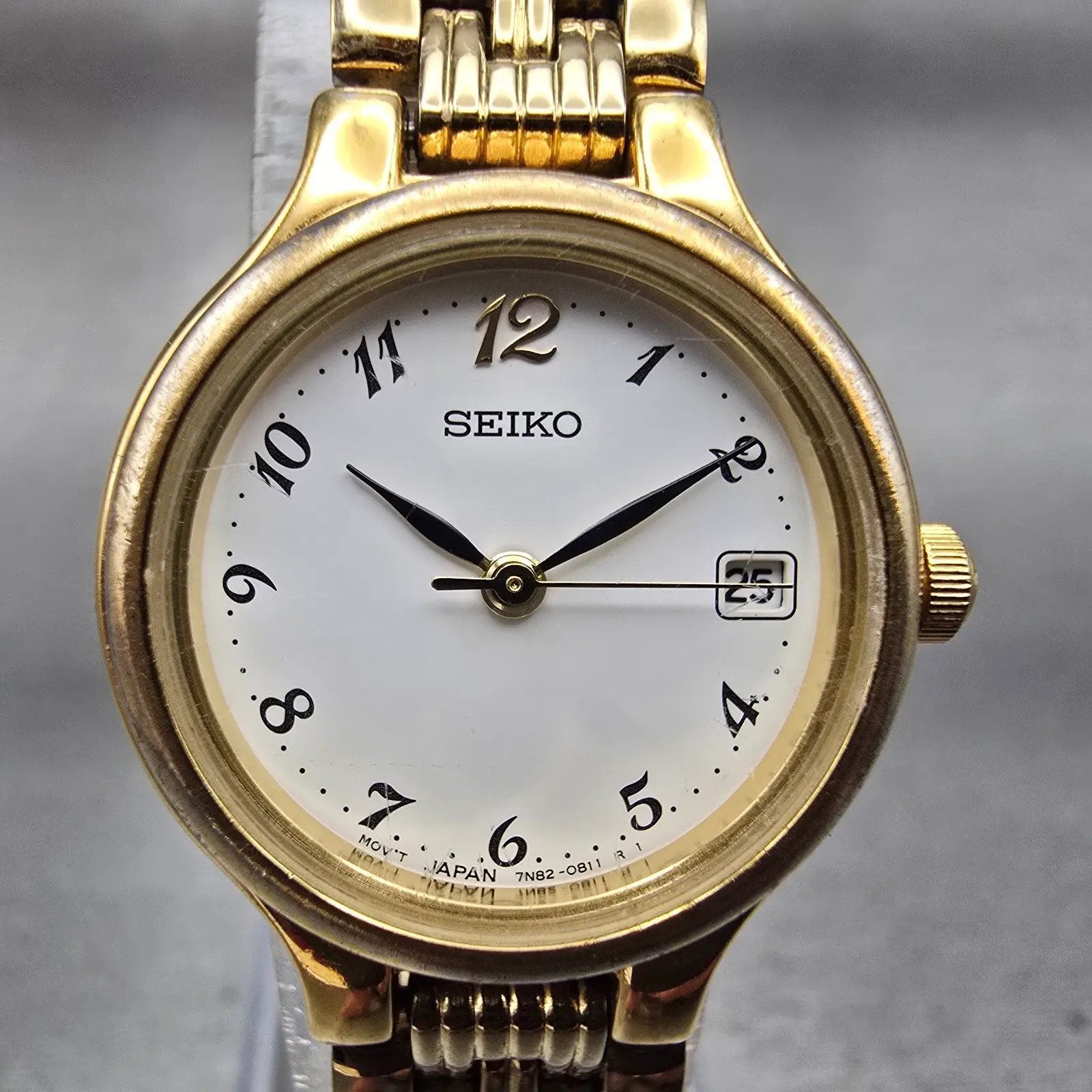 Seiko Watch Women 23mm White Dial Gold Tone Date Round 7N82-0228 New Battery VTG1