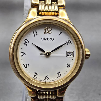 Seiko Watch Women 23mm White Dial Gold Tone Date Round 7N82-0228 New Battery VTG1