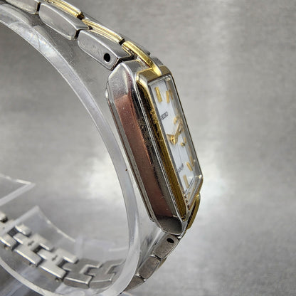 Seiko Solar Tank Watch Women 15mm White Dial Two Tone Rectangle V1160ah0 Runs3