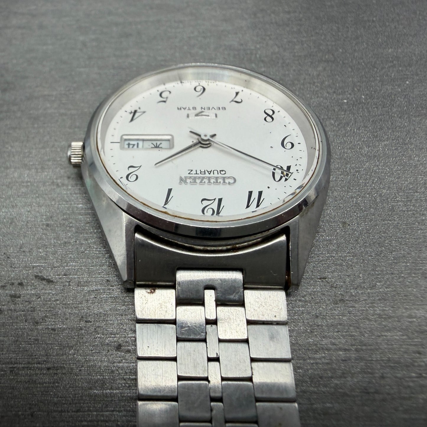 Citizen Seven Star Watch Men 35mm Silver Dial Silver Tone Daydate 4-140214 PARTS5