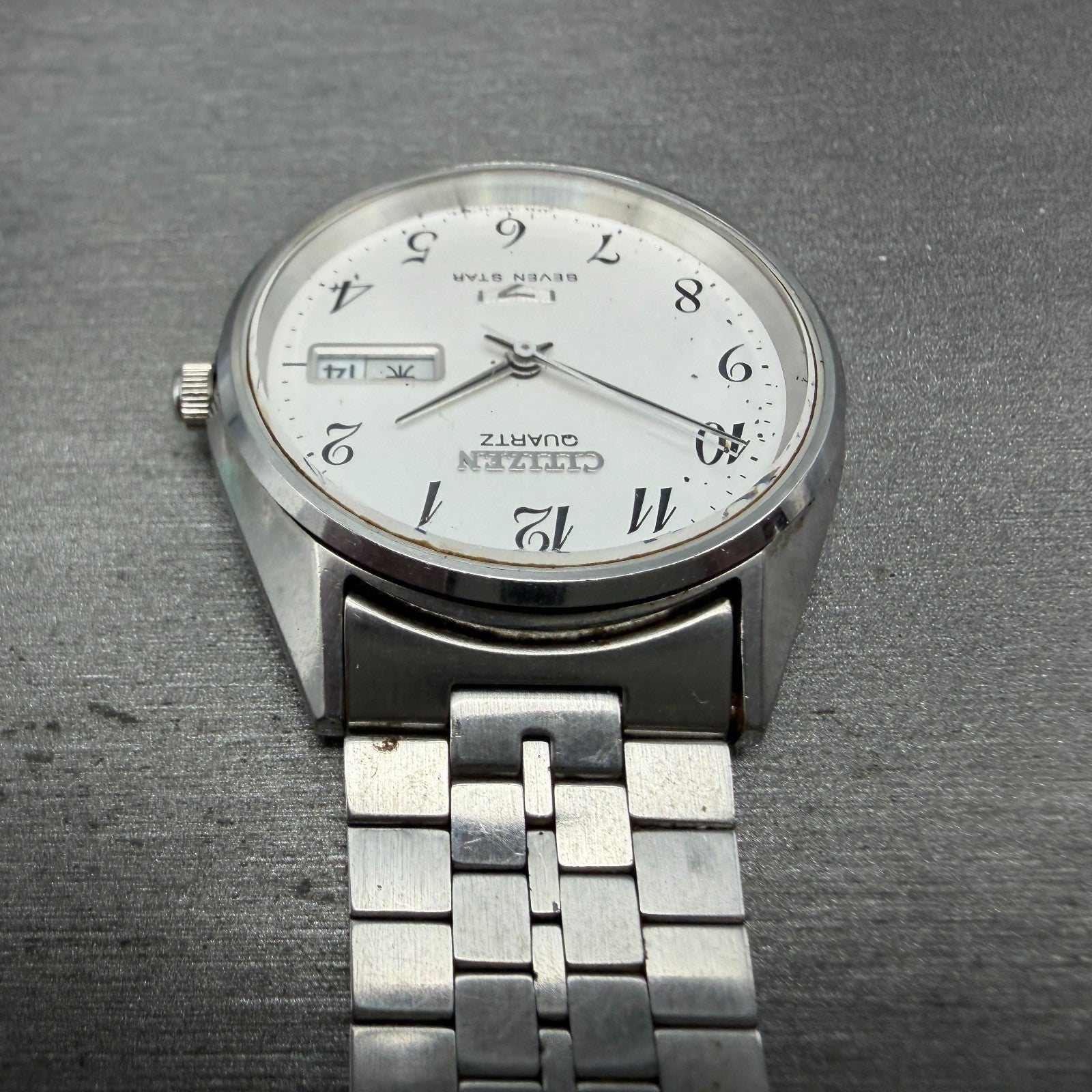 Citizen Seven Star Watch Men 35mm Silver Dial Silver Tone Daydate 4-140214 PARTS5