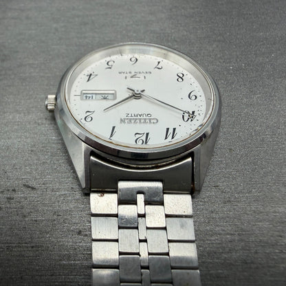 Citizen Seven Star Watch Men 35mm Silver Dial Silver Tone Daydate 4-140214 PARTS5