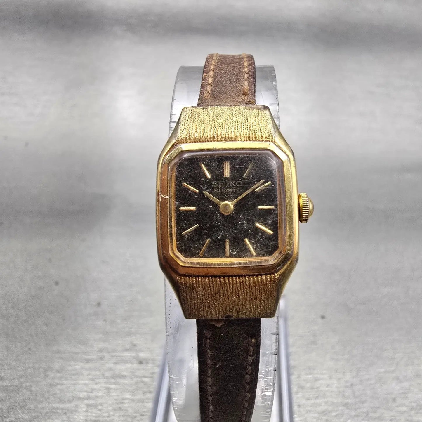 Seiko Watch Women 17mm Brown Dial Gold Tone Rectangle 5420-5019 New Battery VTG0