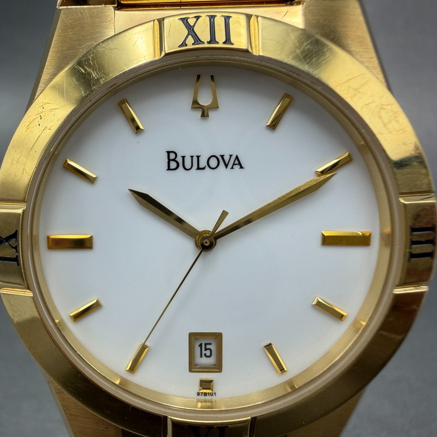 Bulova Watch Men 37mm White Dial Gold Tone Date Round 97B101 New Battery1