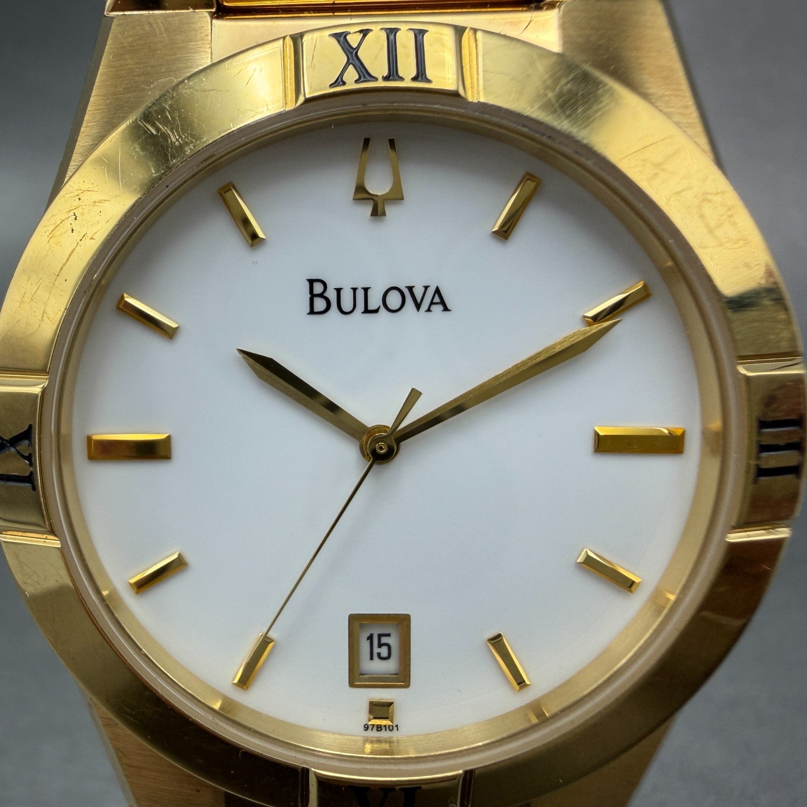 Bulova Watch Men 37mm White Dial Gold Tone Date Round 97B101 New Battery1