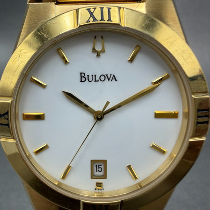 Bulova Watch Men 37mm White Dial Gold Tone Date Round 97B101 New Battery1