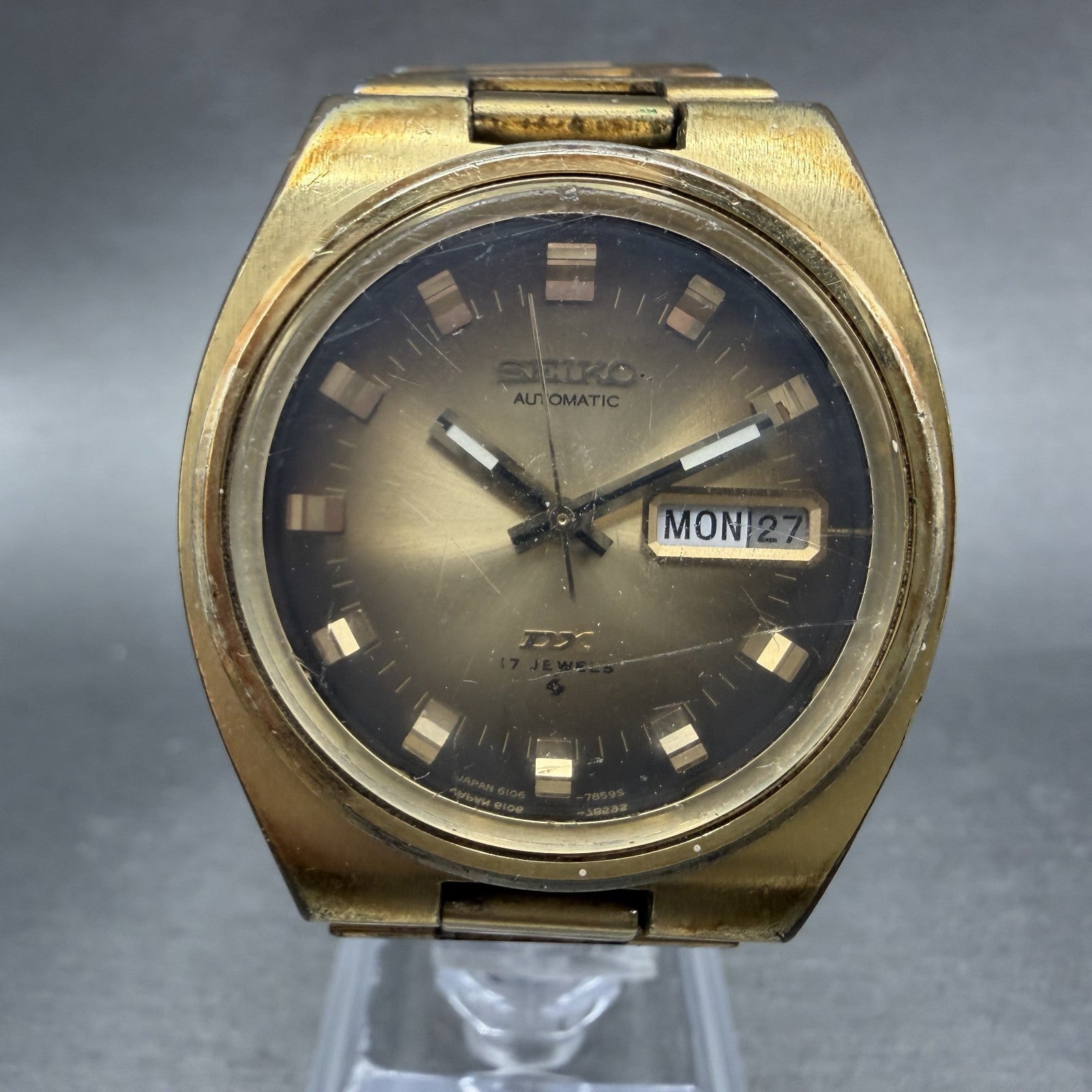 Seiko DX Automatic Watch Men 37mm Brown Dial Gold Tone Daydate 6106-7619 Runs0