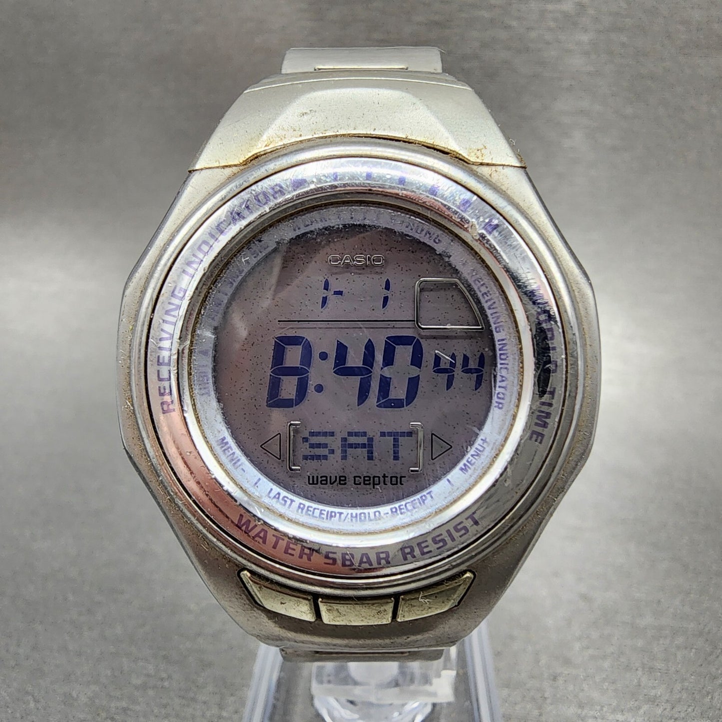 Casio Wave Ceptor Watch Women 37mm Digital Silver Tone Alarm Chrono New Battery0