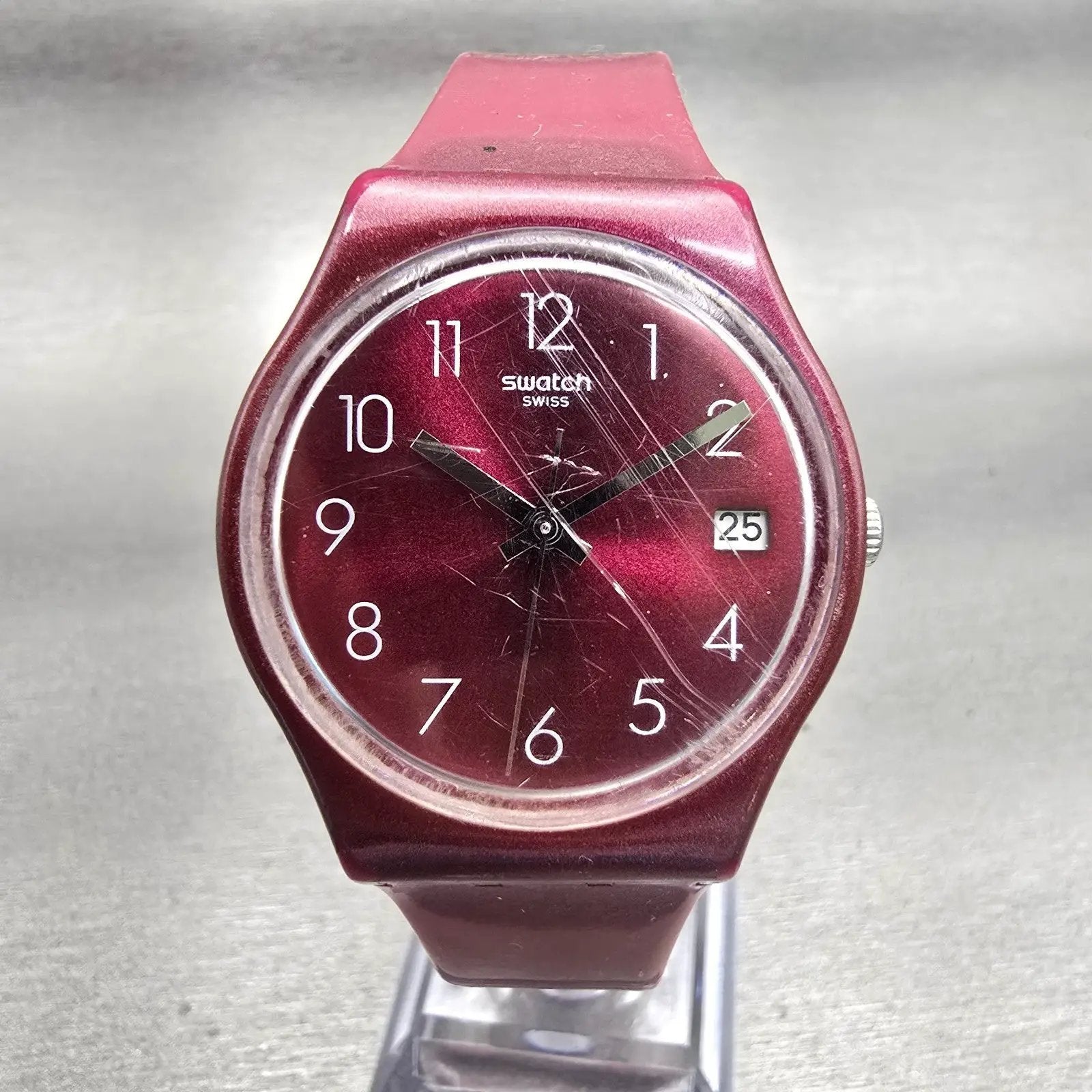 Swatch REDBAYA Watch Women Red Dial Red Tone Date Round GR405 New Battery0