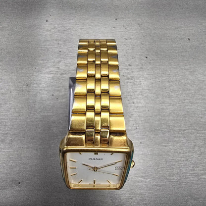 Seiko Pulsar Watch Men 27mm White Dial Gold Tone Date VX32-X154 New Battery VTG4