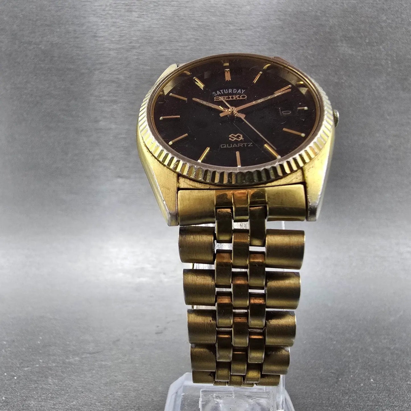 Seiko President Watch Men 36mm Black Dial Gold Tone Daydate 5Y23-8A69 New Batt Q6