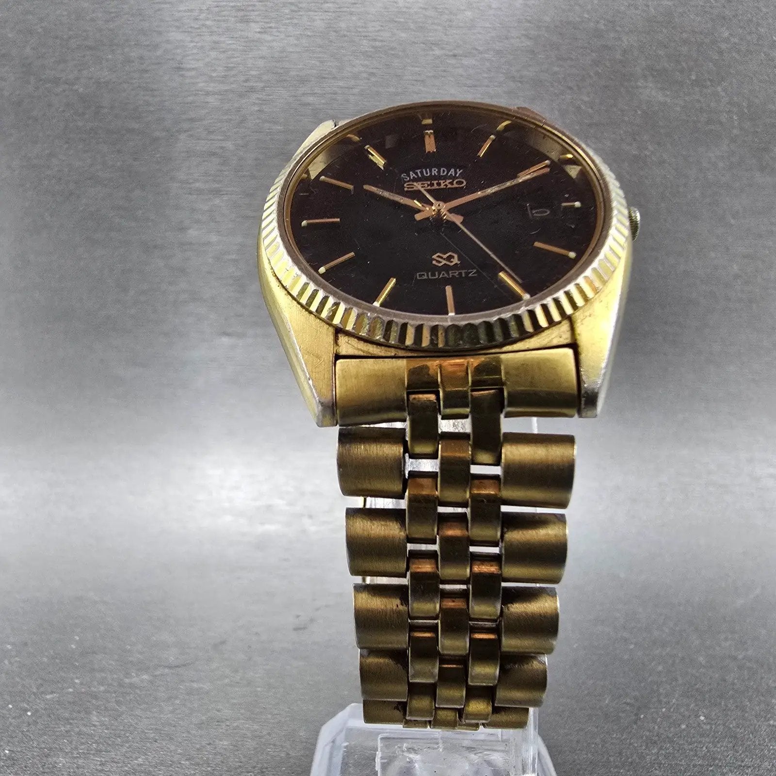 Seiko President Watch Men 36mm Black Dial Gold Tone Daydate 5Y23-8A69 New Batt Q6