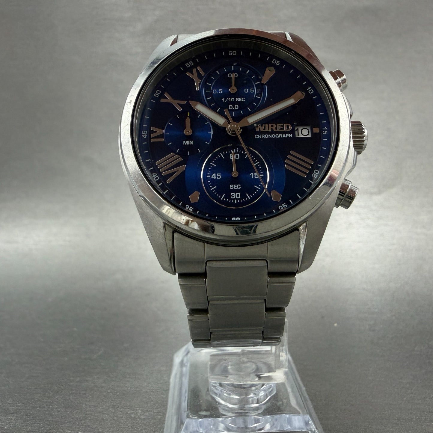 Seiko Wired Chronograph Watch Men 40mm Blue Dial Silver Tone Date New Battery5