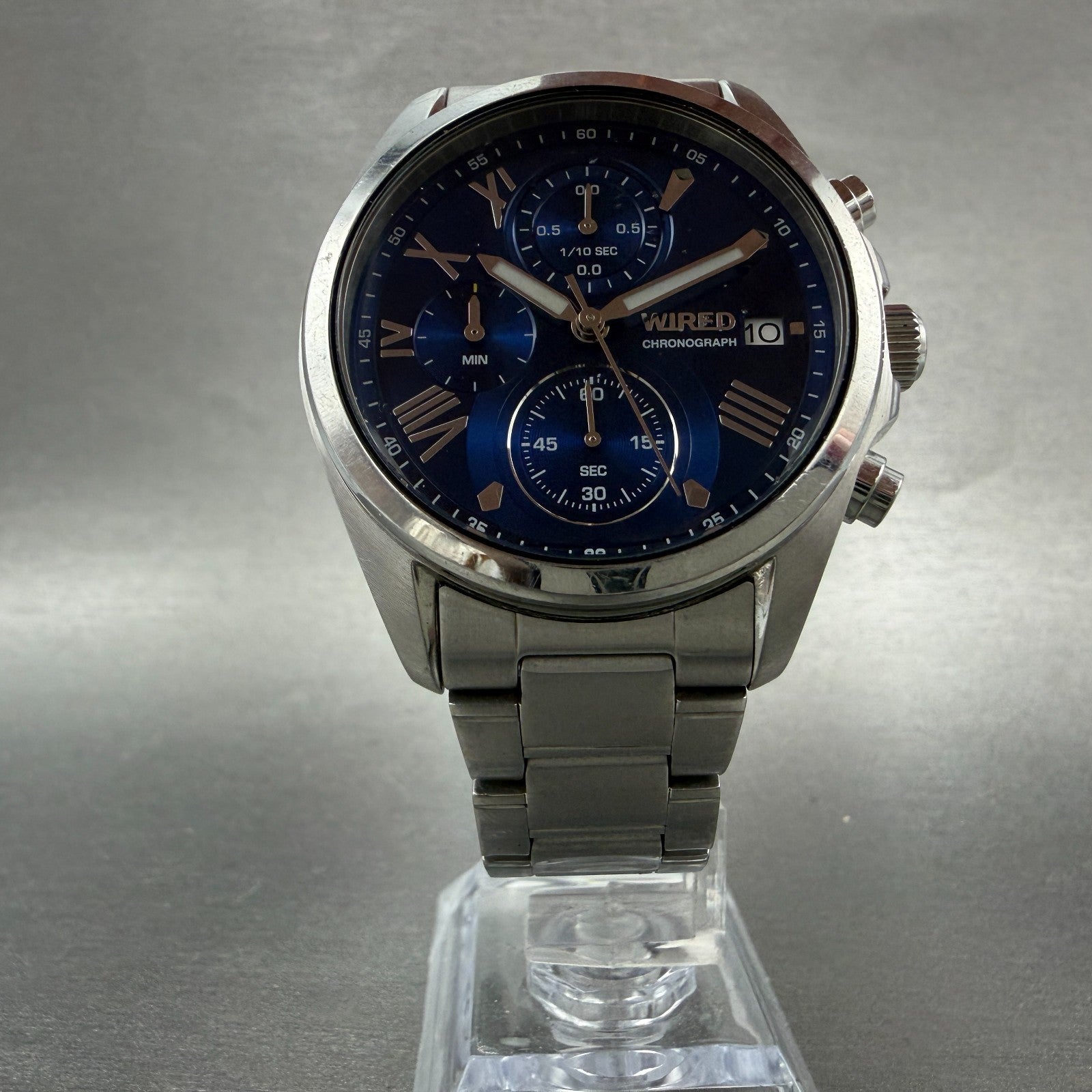 Seiko Wired Chronograph Watch Men 40mm Blue Dial Silver Tone Date New Battery5