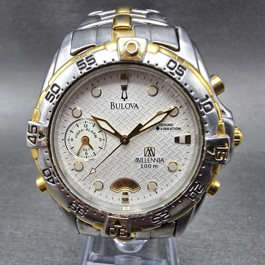Bulova Millennia Dive Watch Men 40mm White Dial Two Tone Alarm 98A48 New Battery0