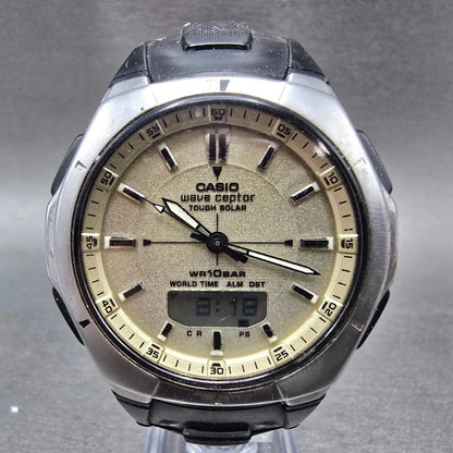 Casio Wave Ceptor Watch Men 44mm Champagne Dial Silver Daydate Alarm READ!!!0