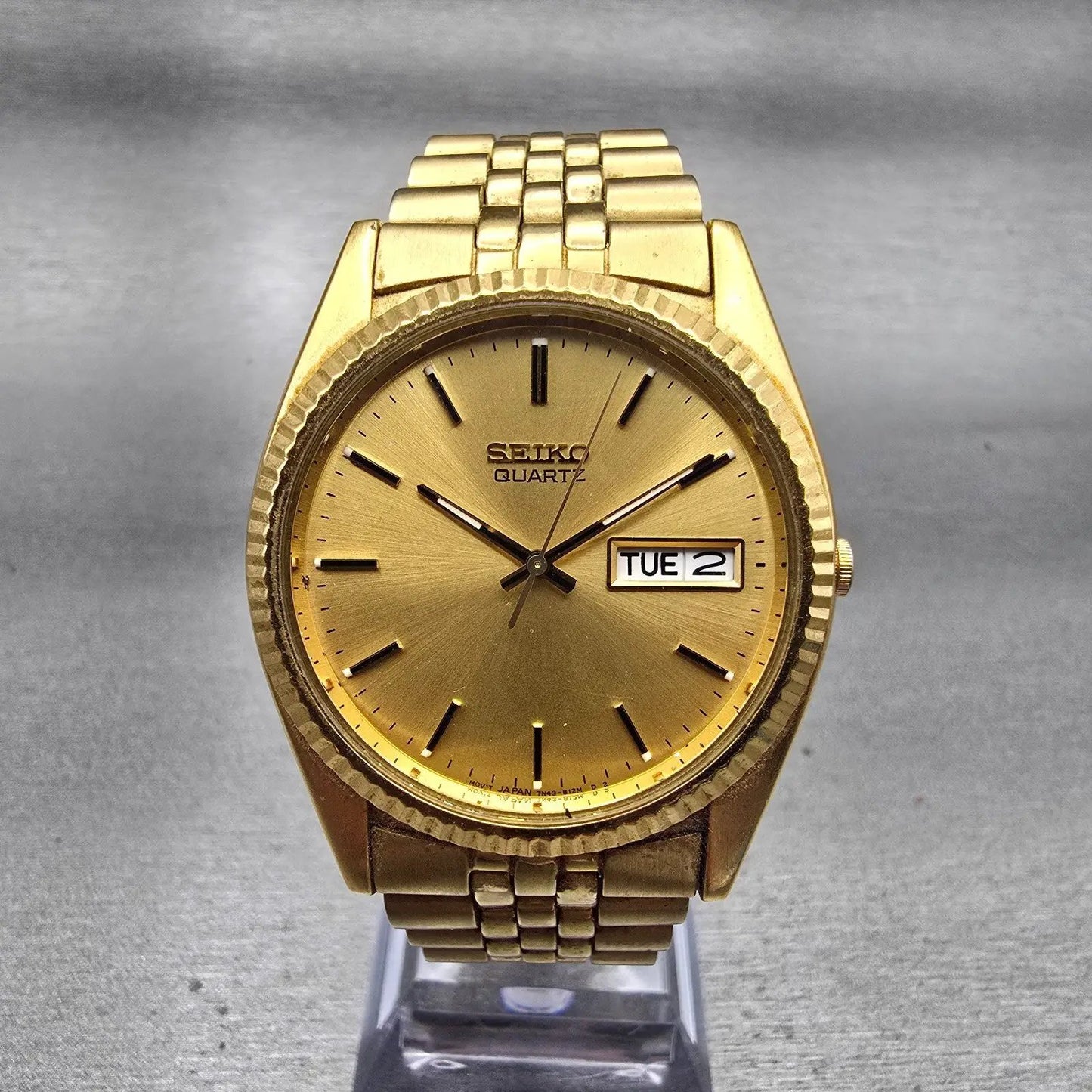 Seiko President Watch Men 37mm Gold Dial Gold Tone Daydate 7N43-8111 New Battery0