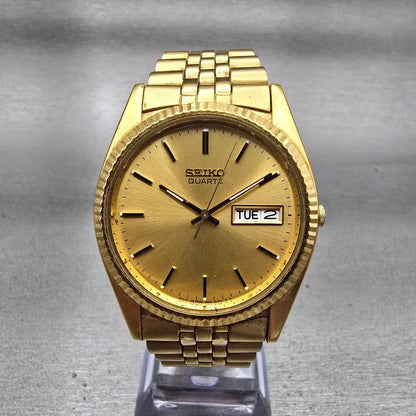 Seiko President Watch Men 37mm Gold Dial Gold Tone Daydate 7N43-8111 New Battery0