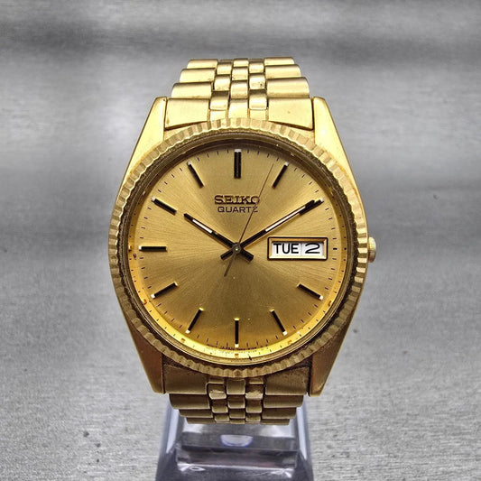 Seiko President Watch Men 37mm Gold Dial Gold Tone Daydate 7N43-8111 New Battery0