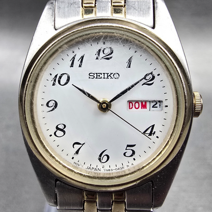 Seiko Watch Women 24mm White Dial Two Tone Daydate Round 7N83-0011 New Battery 01