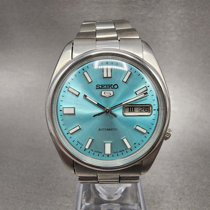 Seiko 5 Automatic Watch Men 37mm Ice Blue Dial Steel Daydate 70098211 Runs0