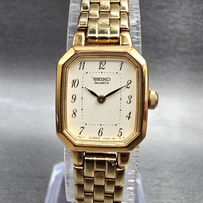 Seiko Watch Women 17mm Ivory Dial Gold Tone Rectangle V400-5608 New Battery JP430