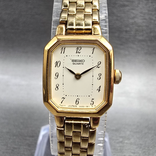 Seiko Watch Women 17mm Ivory Dial Gold Tone Rectangle V400-5608 New Battery JP430