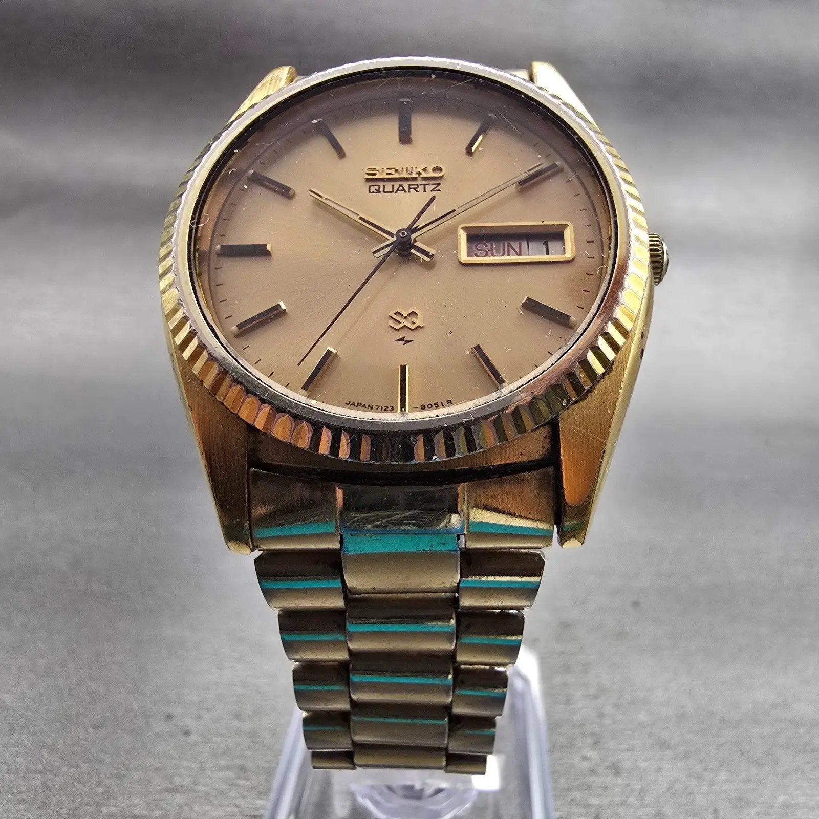 Seiko SQ President Watch Men 36mm Gold Dial Gold Tone Daydate 7123-8059 New Batt5