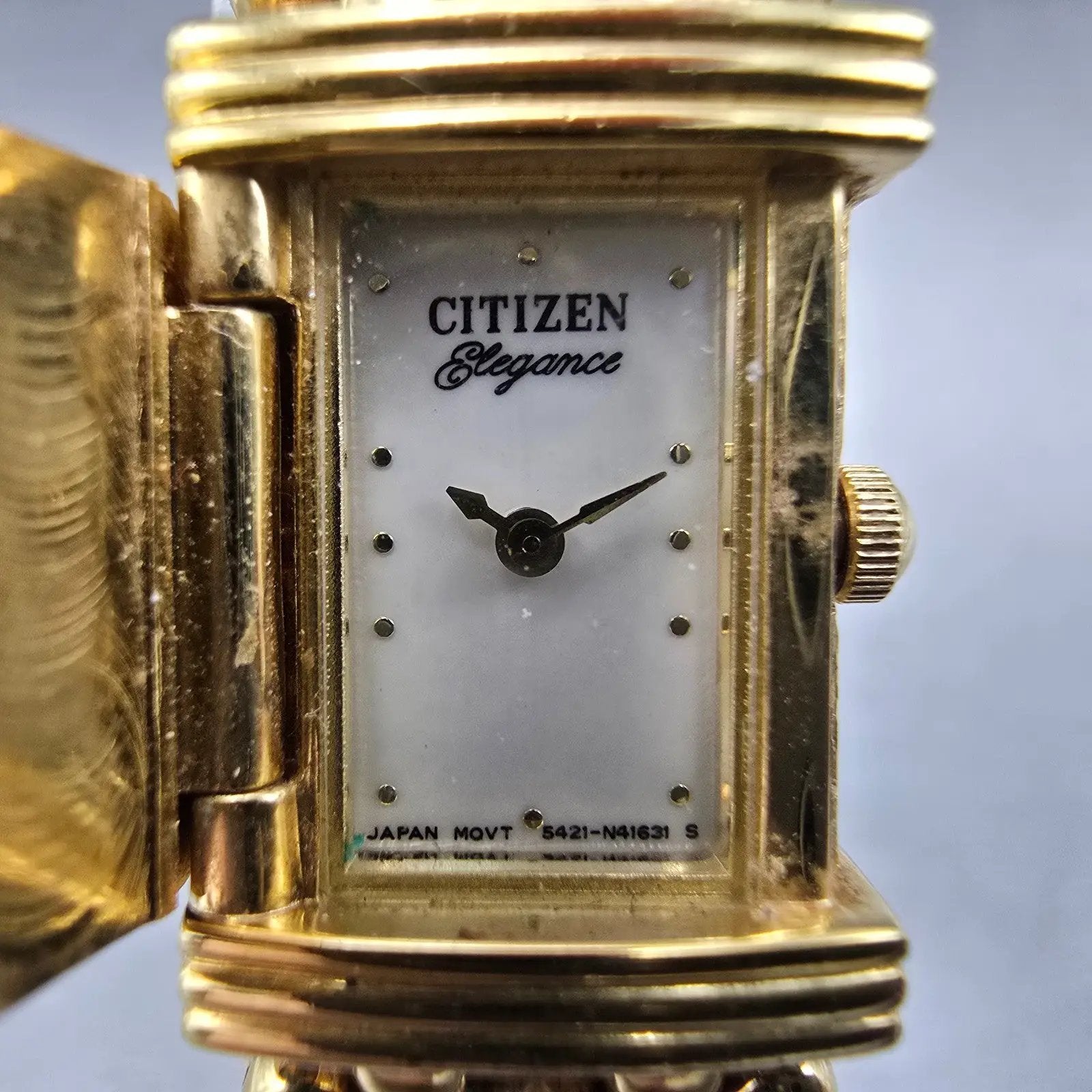 Citizen Elegance Tank Watch Women 14mm MOP Dial Gold Tone Flip Cover NewBatteryA1