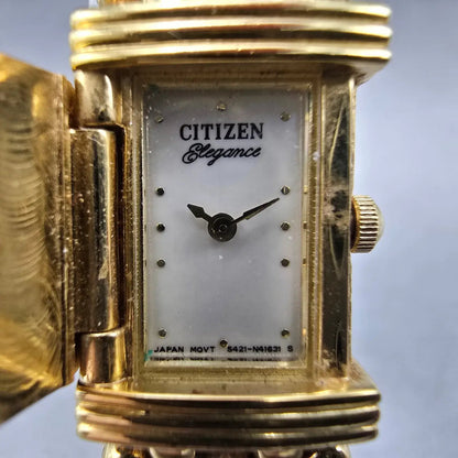 Citizen Elegance Tank Watch Women 14mm MOP Dial Gold Tone Flip Cover NewBatteryA1