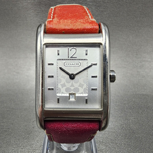 Coach Tank Watch Women 25mm Silver Dial Steel Date Rectangle Leather New Battery0