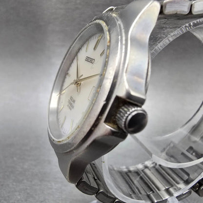 Seiko Solar Watch Men 35mm Gray Dial Titanium Date Round V145-0D60 Runs JDM2