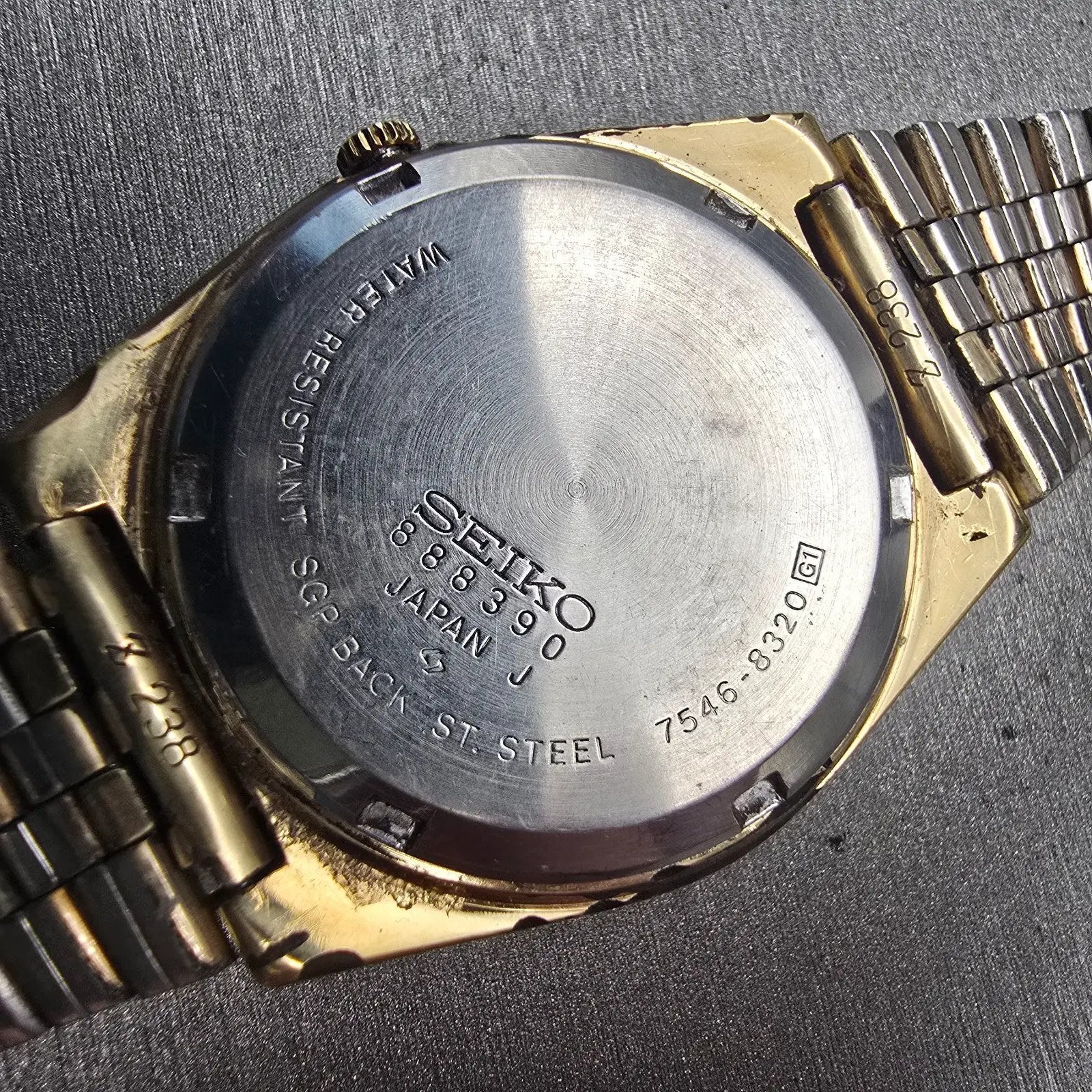 Seiko SQ Watch Men 35mm Gold Dial Gold Tone Daydate Round 7546-8320 New Battery10