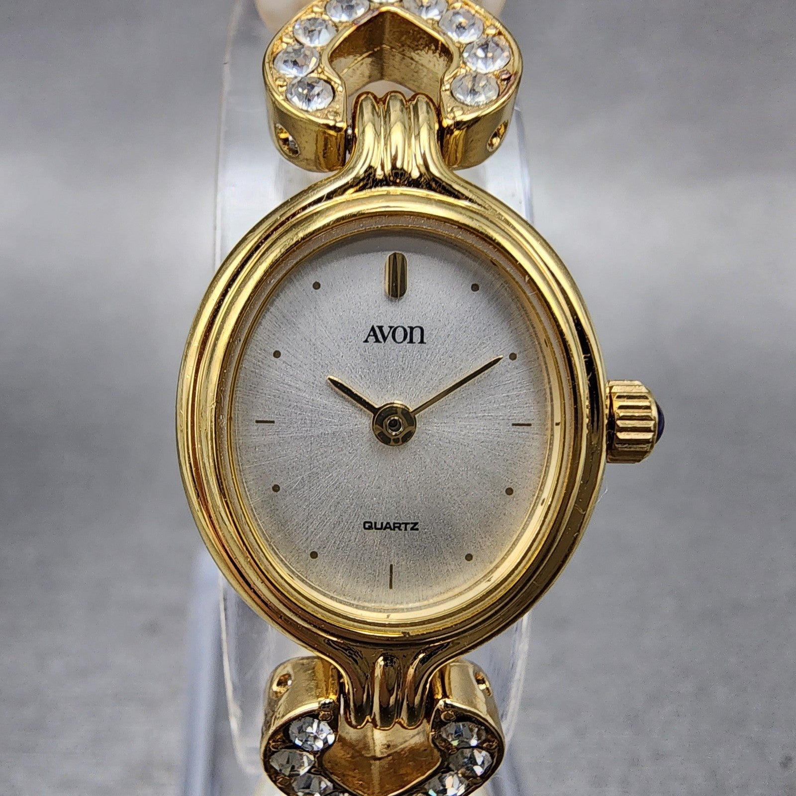 Avon Watch Women 18mm Silver Dial Gold Tone Oval Crystal Accents New Battery1