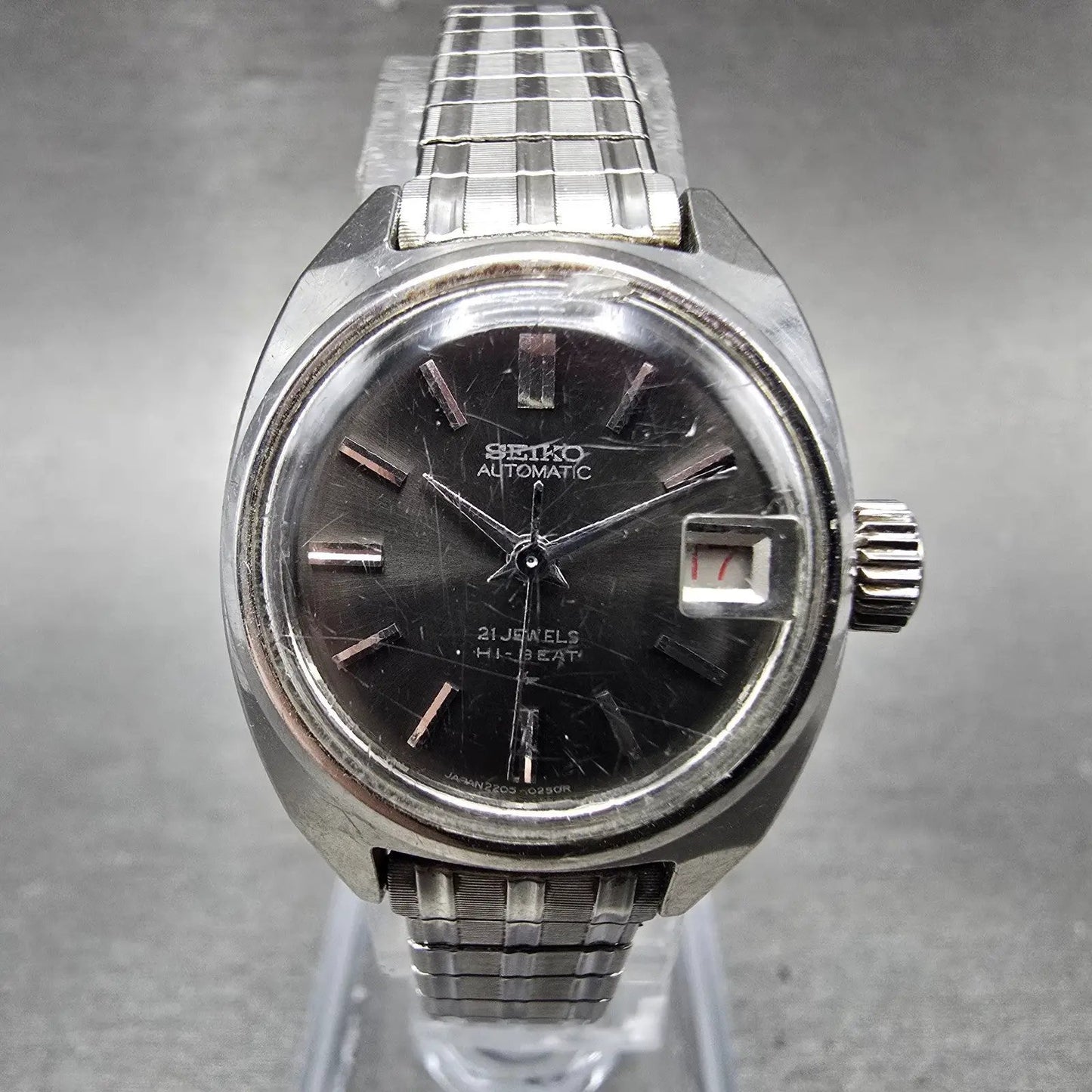 Seiko Automatic Watch Women 23mm Black Dial Silver Tone Date 2205-0190 Runs0
