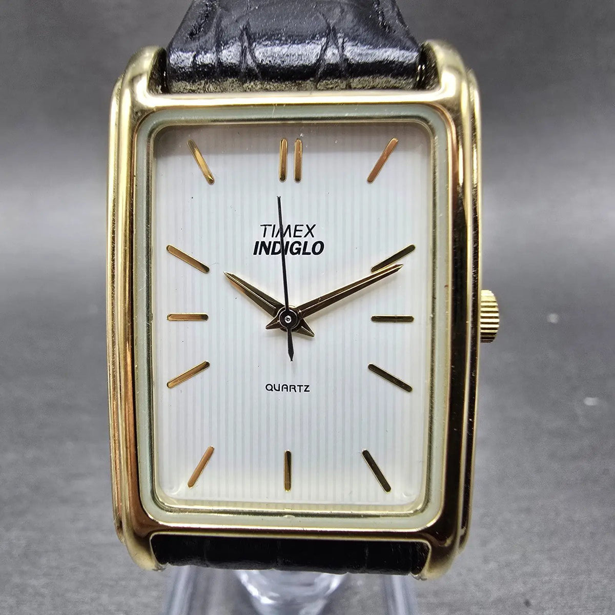 Timex Tank Watch Men 25mm White Dial Gold Rectangle Indiglo New Battery VTG0
