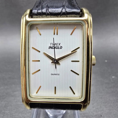Timex Tank Watch Men 25mm White Dial Gold Rectangle Indiglo New Battery VTG0
