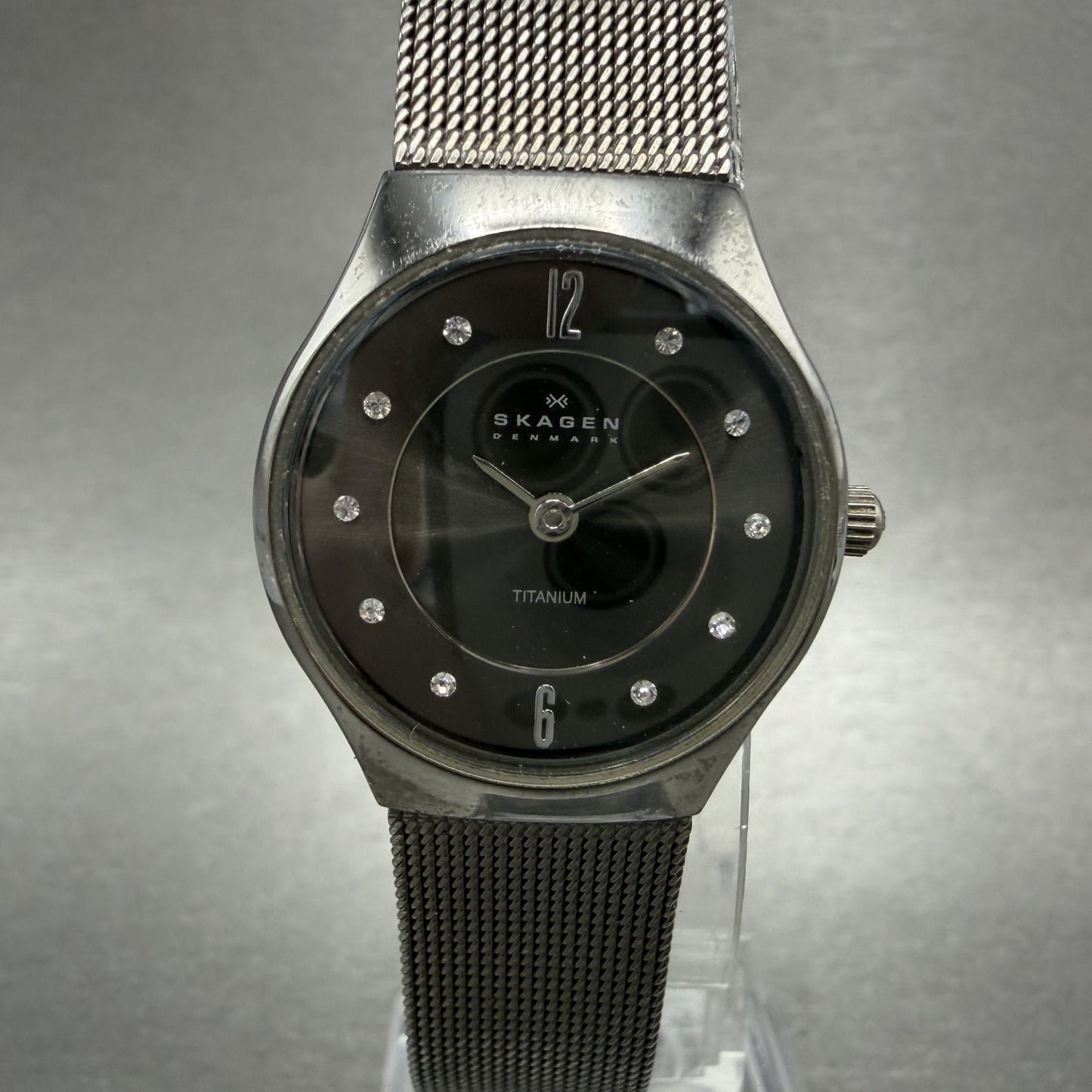 Skagen Watch Women 24mm Gray Dial Titanium Round Mesh Band 233XSTTM New Battery0
