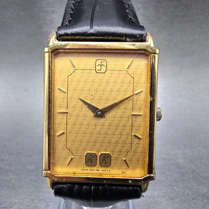 Seiko Tank Watch Men 25mm Gold Dial Gold Tone Rectangle 7430-5630 New Battery0