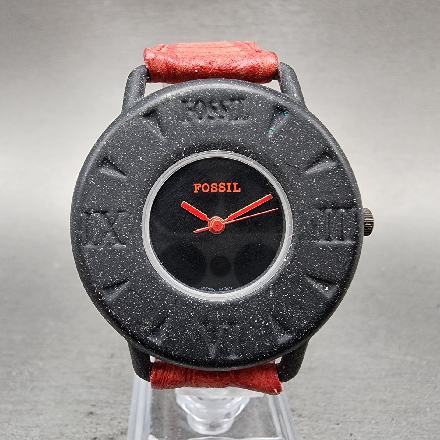 Fossil Watch Women 36mm Black Dial Black Tone Round Red Leather Band New Battery0