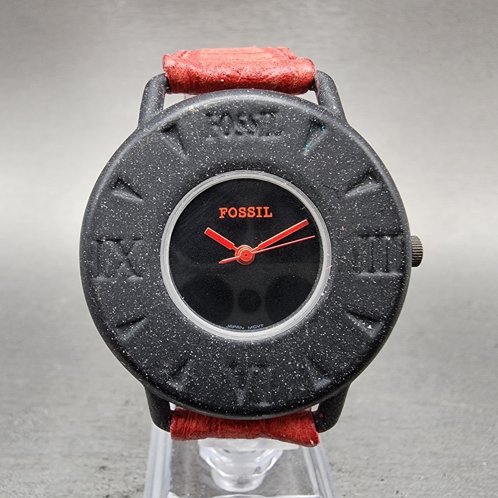 Fossil Watch Women 36mm Black Dial Black Tone Round Red Leather Band New Battery0