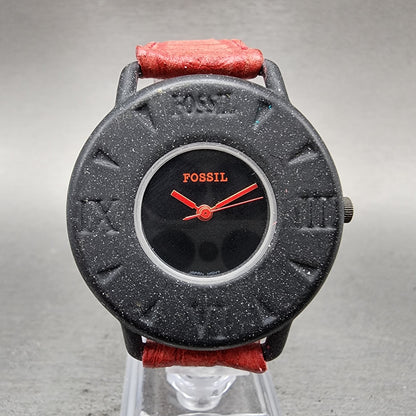 Fossil Watch Women 36mm Black Dial Black Tone Round Red Leather Band New Battery0