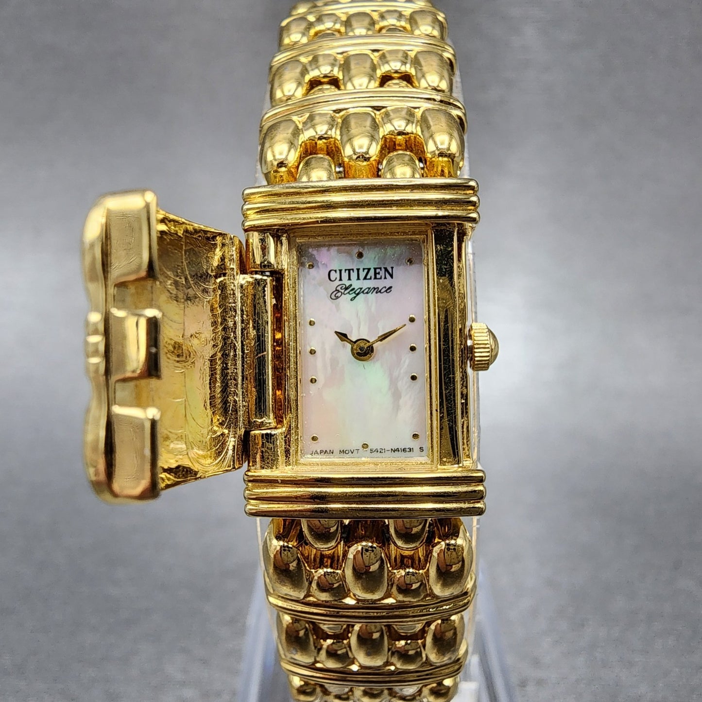Citizen Elegance Tank Watch Women 15mm MOP Dial Gold Tone Hide Away New Batt B120