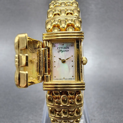 Citizen Elegance Tank Watch Women 15mm MOP Dial Gold Tone Hide Away New Batt B120