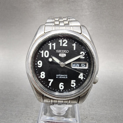 Seiko 5 Automatic Watch Men 37mm Black Dial Silver Tone Daydate 7s2601V0 Runs0