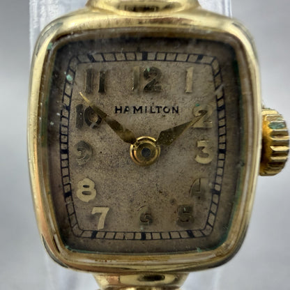 Hamilton Watch Women 14mm Cream Dial 14K Gold Filled Manual Wind Runs Rectangle1