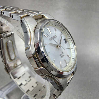 Seiko Solar Watch Women 28mm Mop Silver Tone Date Round V1870ac0 Runs3