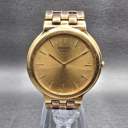 Seiko Watch Men 35mm Gold Dial Gold Tone Round 7N00-7A70 New Battery Vintage0